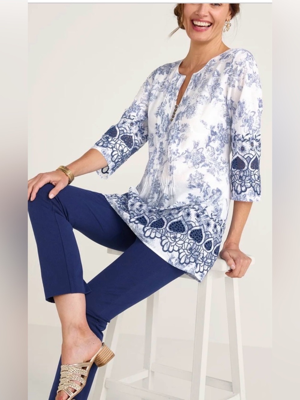 Soft Surroundings Nimes Tunic White & Blue Cotton Voile Toile Print Sz Small